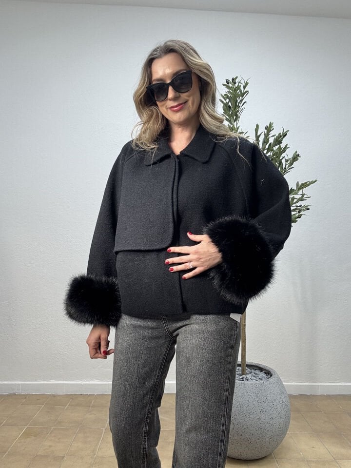 İTHAL KOLLARI KÜRK KAŞMİR KISA MONT SİYAH / STD