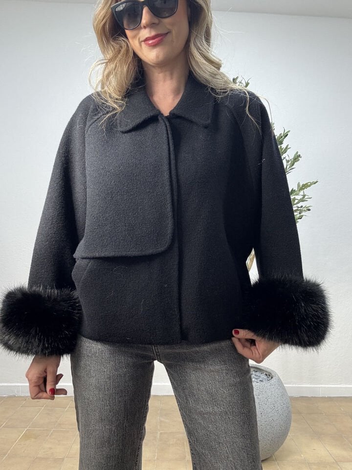 İTHAL KOLLARI KÜRK KAŞMİR KISA MONT SİYAH / STD