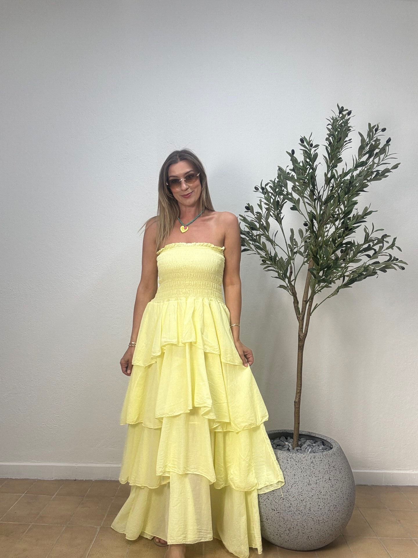 İTHAL KAT KAT PAMUKLU ELBİSE 5052 STD - Sarı