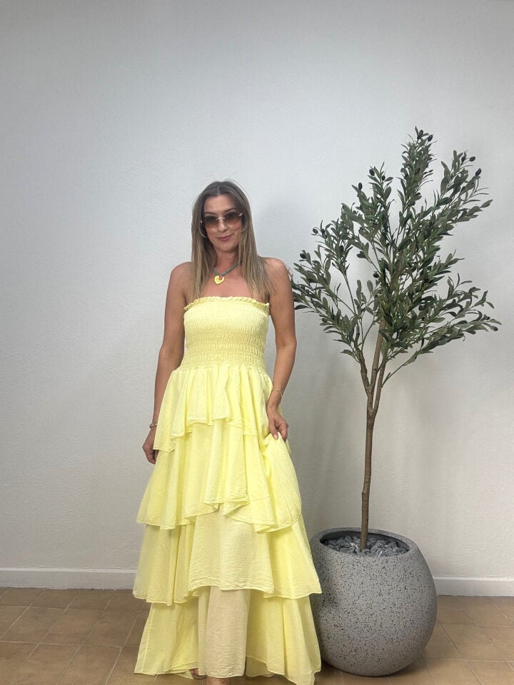 İTHAL KAT KAT PAMUKLU ELBİSE 5052 STD - Sarı