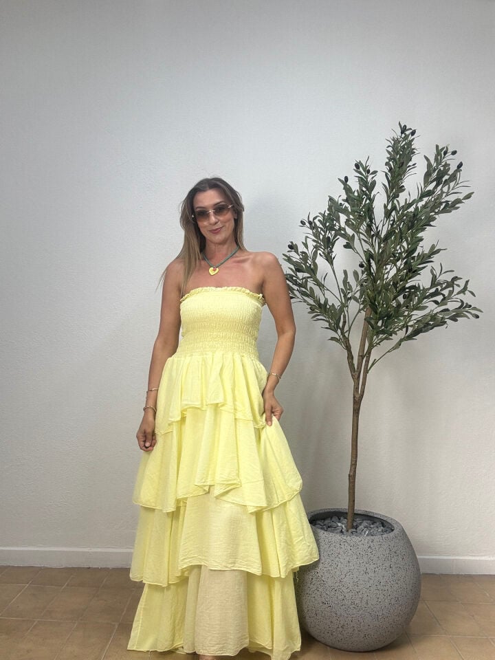 İTHAL KAT KAT PAMUKLU ELBİSE 5052 STD - Sarı