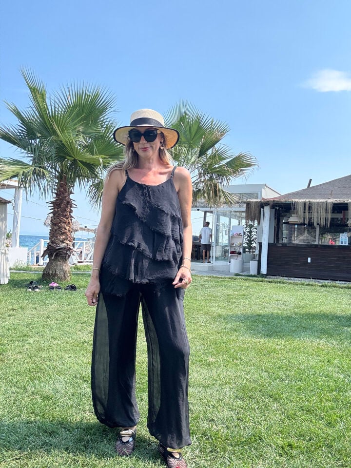 İTHAL İP ASKILI KAT KAT BLUZLU İPEK TAKIM 67370 STD - Siyah