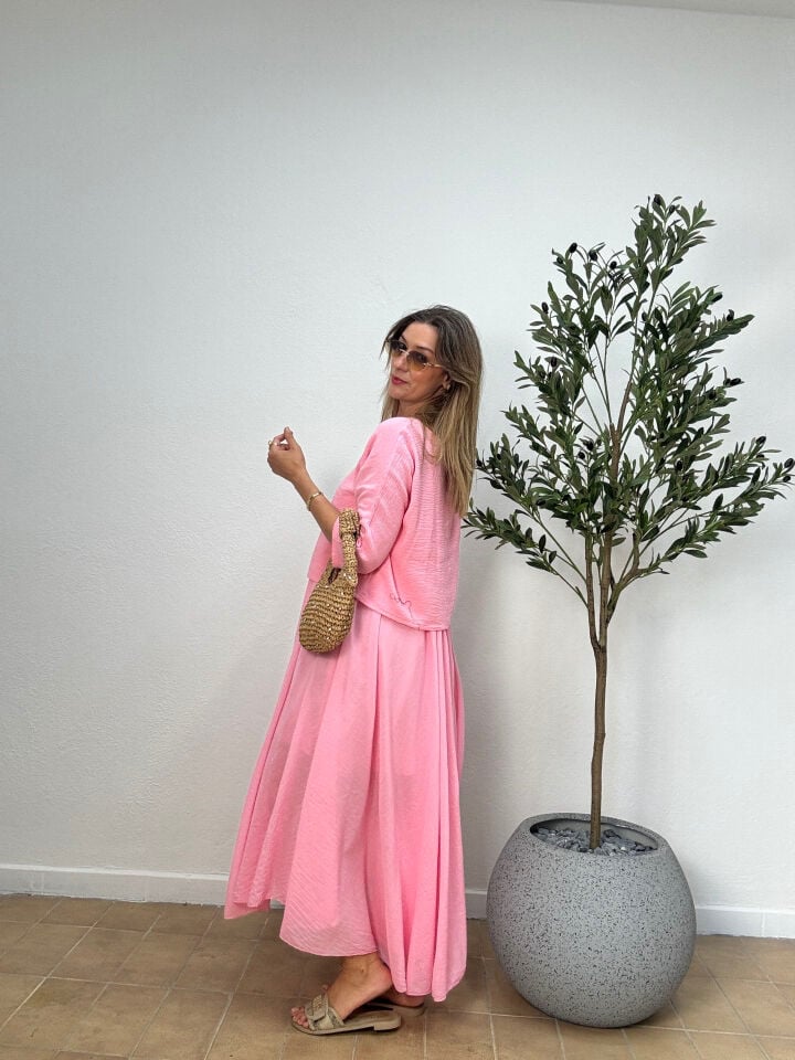 İTHAL DÜZ DESEN PAMUKLU ELBİSE 6551 STD - Pembe