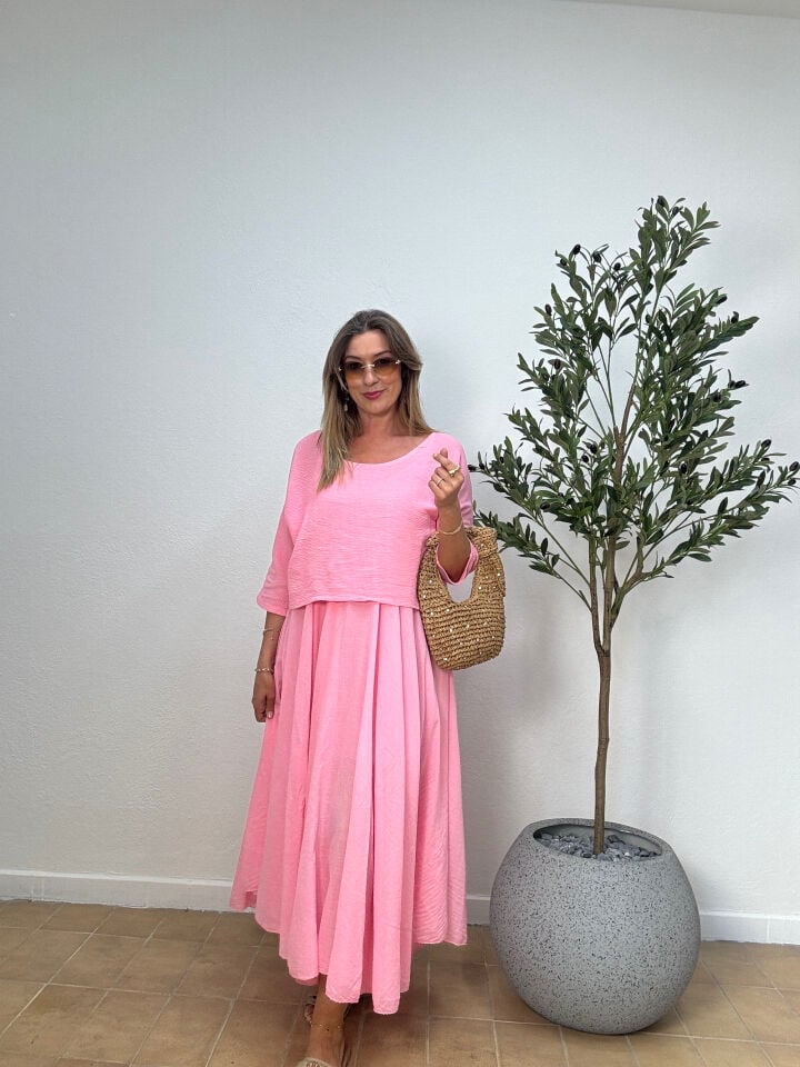 İTHAL DÜZ DESEN PAMUKLU ELBİSE 6551 STD - Pembe