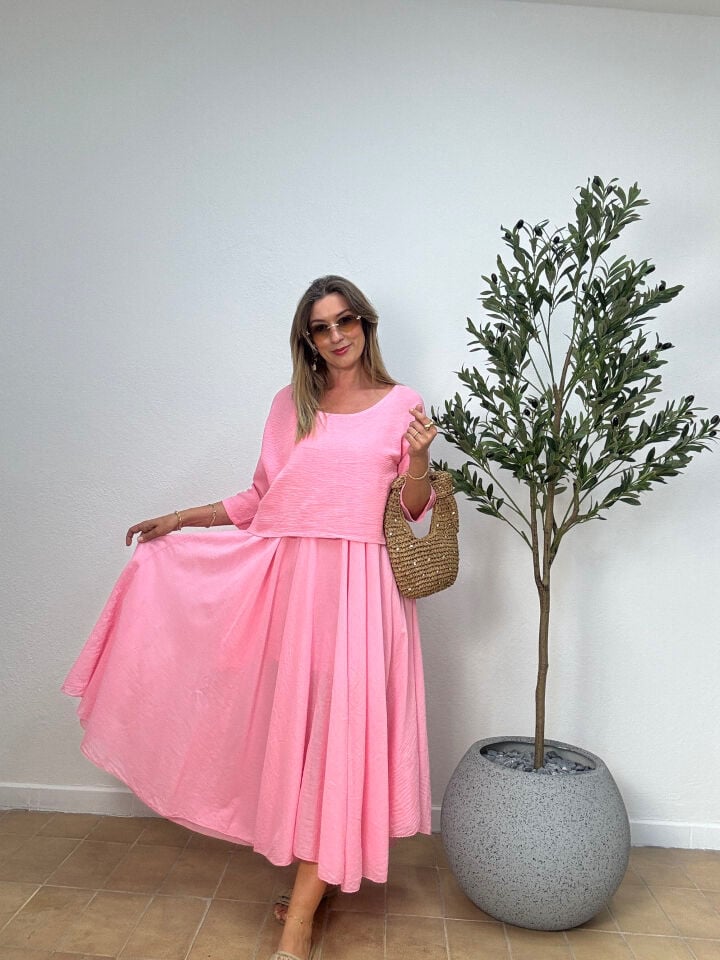 İTHAL DÜZ DESEN PAMUKLU ELBİSE 6551 STD - Pembe
