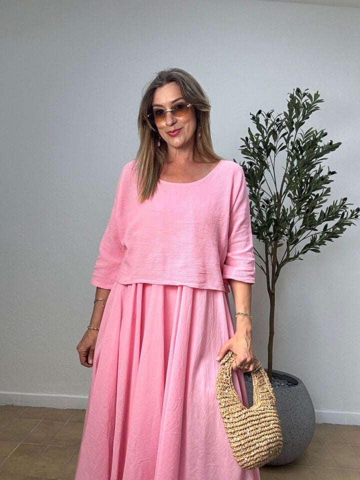 İTHAL DÜZ DESEN PAMUKLU ELBİSE 6551 STD - Pembe