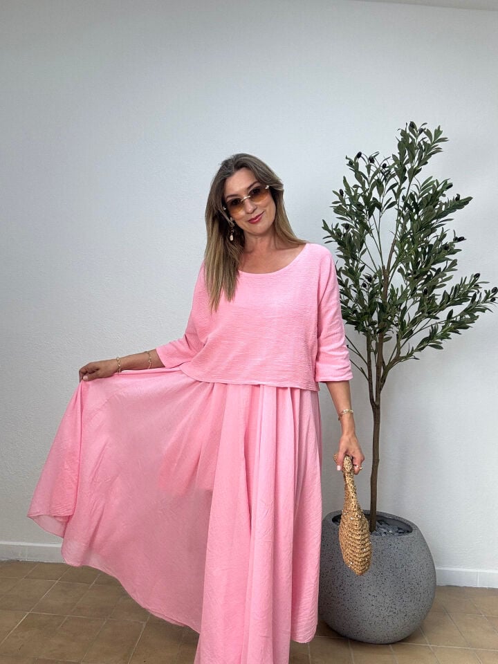 İTHAL DÜZ DESEN PAMUKLU ELBİSE 6551 STD - Pembe