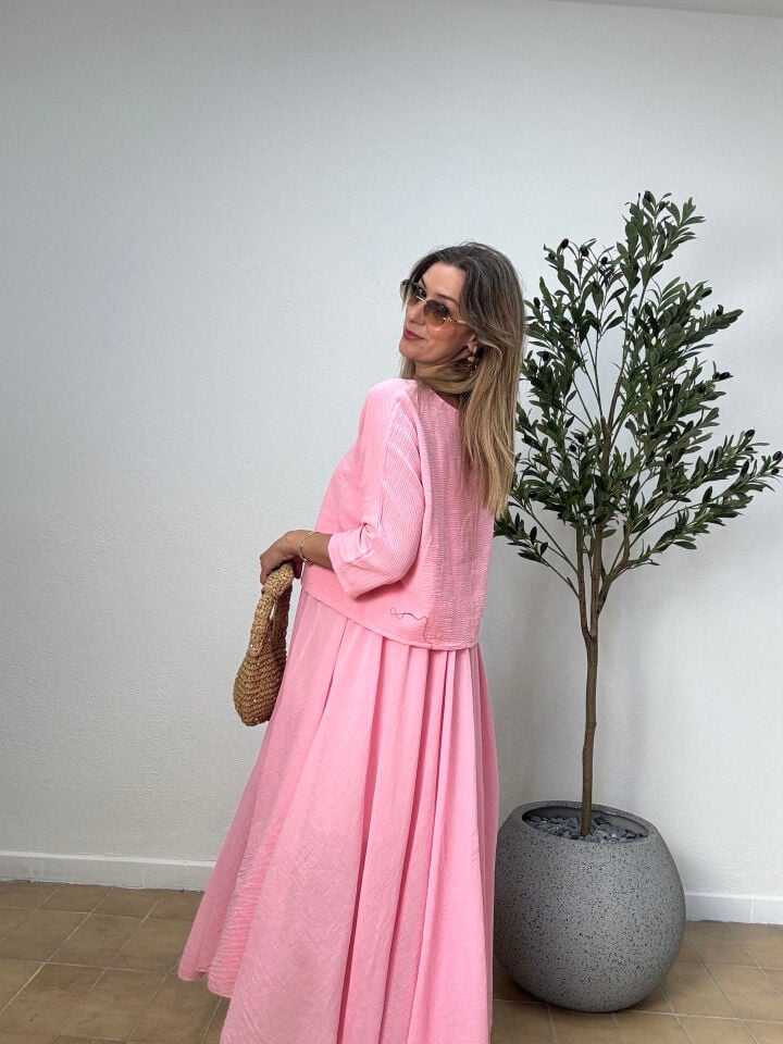İTHAL DÜZ DESEN PAMUKLU ELBİSE 6551 STD - Pembe