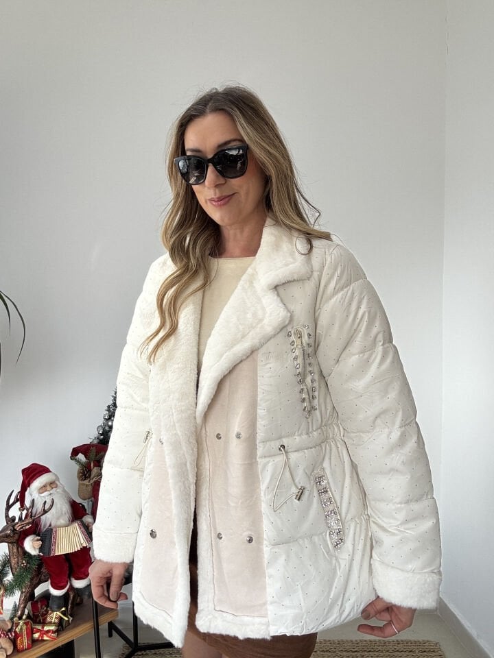 İTHAL FULL TAŞLI YAKASI KÜRK ŞİŞME MONT BEYAZ / STD