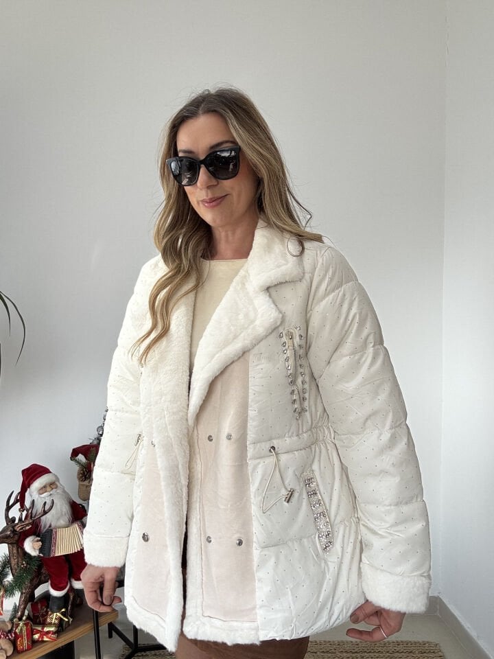 İTHAL FULL TAŞLI YAKASI KÜRK ŞİŞME MONT BEYAZ / STD