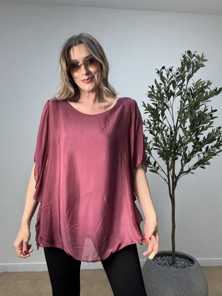 İTHAL DÜZ DESEN FIRFIRLI İPEK BLUZ 6158 STD - Bordo