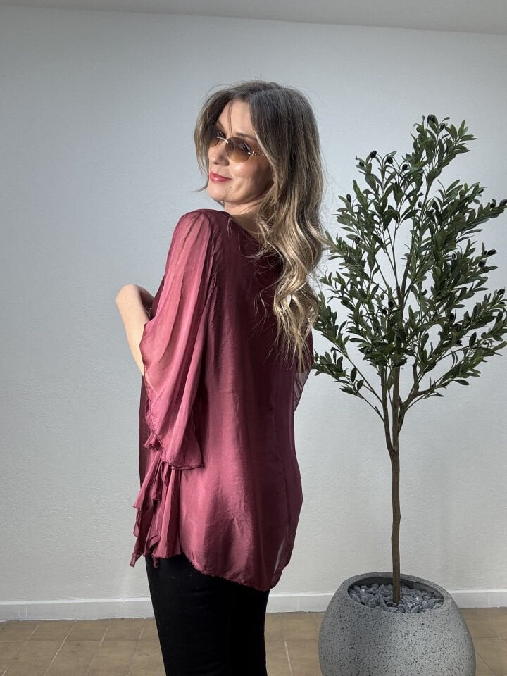 İTHAL DÜZ DESEN FIRFIRLI İPEK BLUZ 6158 STD - Bordo