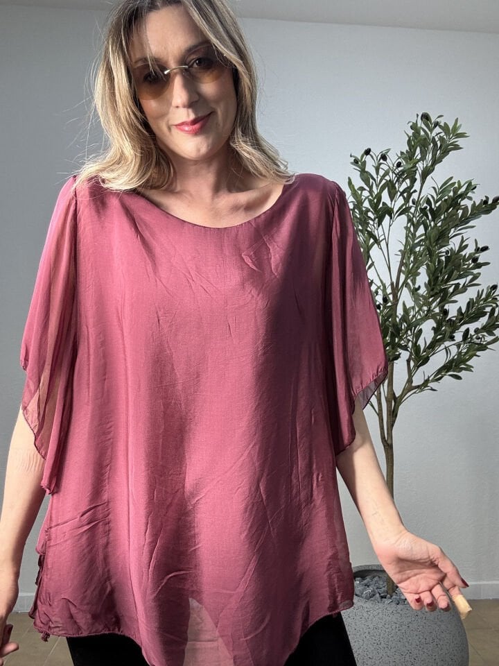 İTHAL DÜZ DESEN FIRFIRLI İPEK BLUZ 6158 STD - Bordo