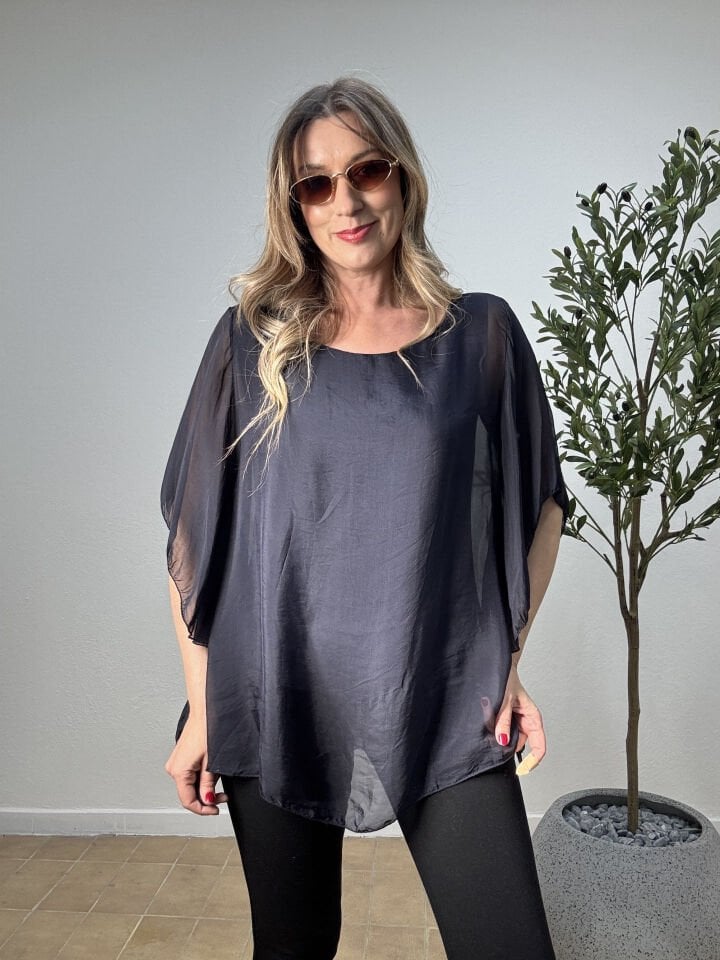 İTHAL DÜZ DESEN FIRFIRLI İPEK BLUZ 6158 STD - Lacivert