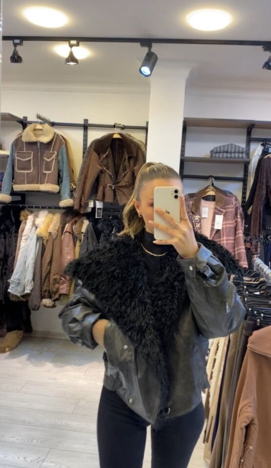 İTHAL YAKASI KÜRKLÜ DERİ MONT GRİ / STD