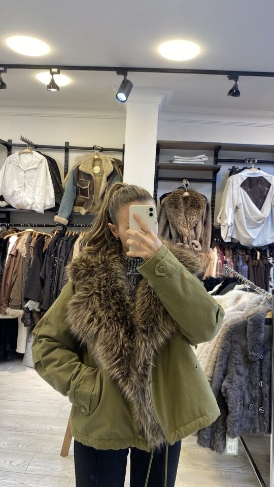 İTHAL YAKASI KÜRKLÜ CANVAS MONT HAKİ / STD