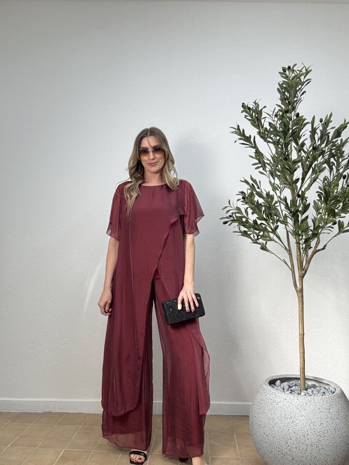 İTHAL İPEK BLUZU ASİMETRİK TAKIM STD - Bordo