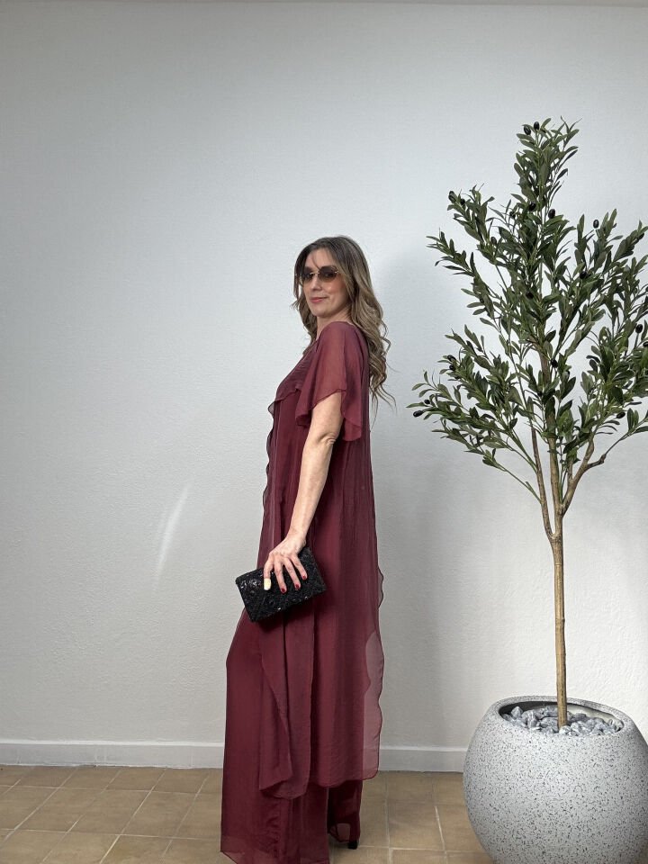 İTHAL İPEK BLUZU ASİMETRİK TAKIM STD - Bordo