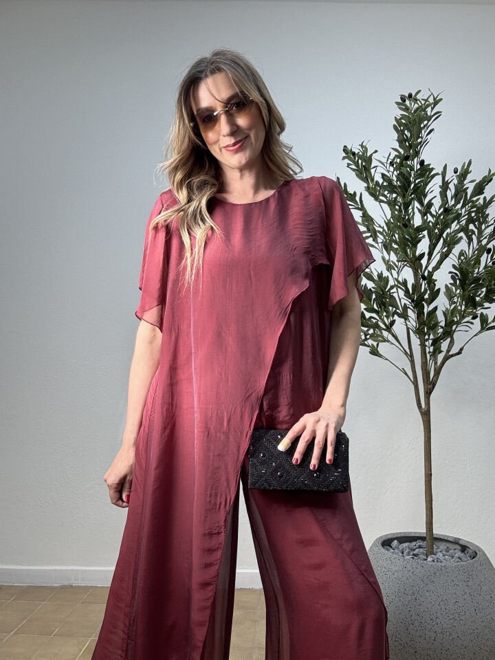 İTHAL İPEK BLUZU ASİMETRİK TAKIM STD - Bordo