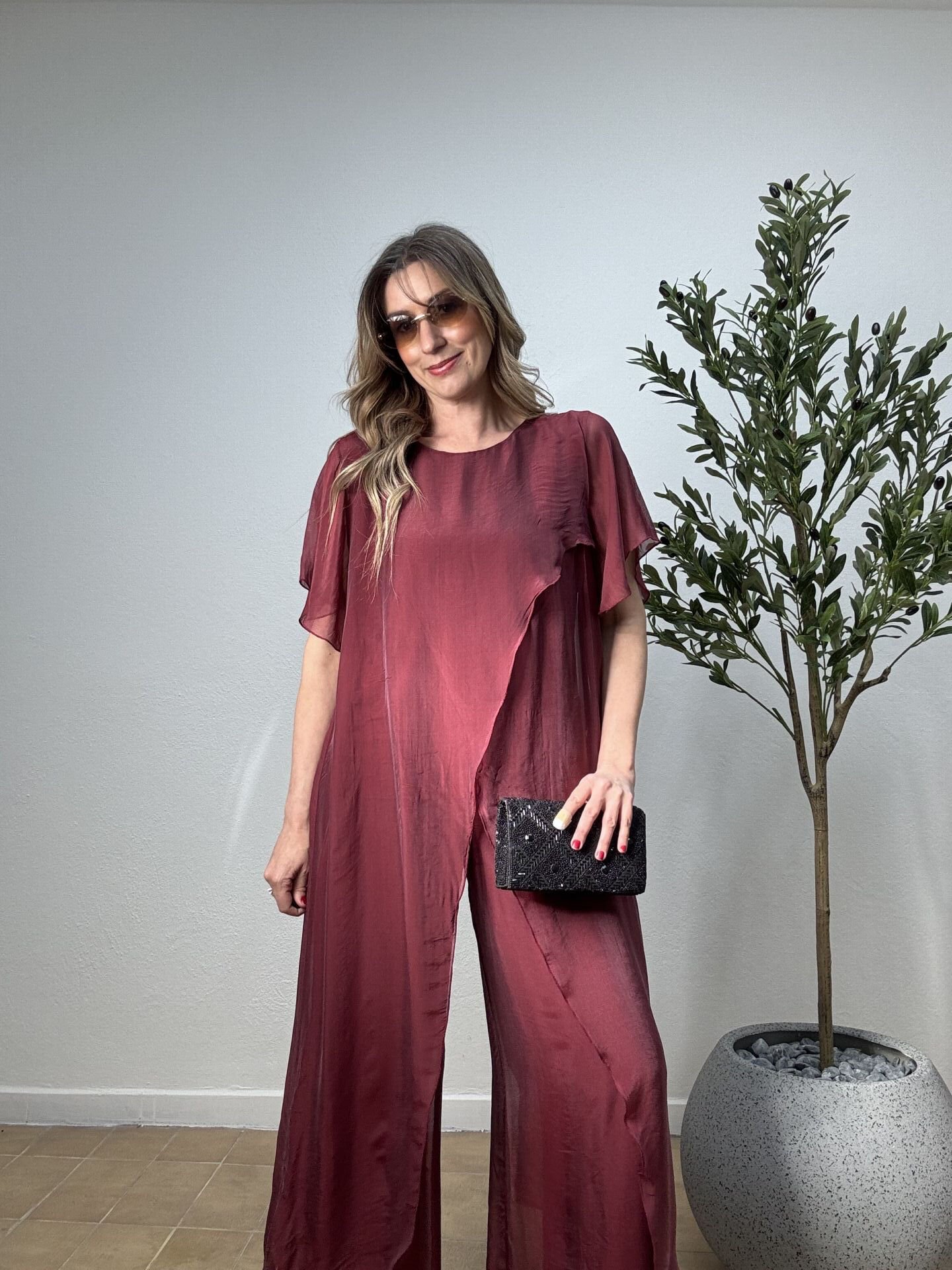 İTHAL İPEK BLUZU ASİMETRİK TAKIM STD - Bordo