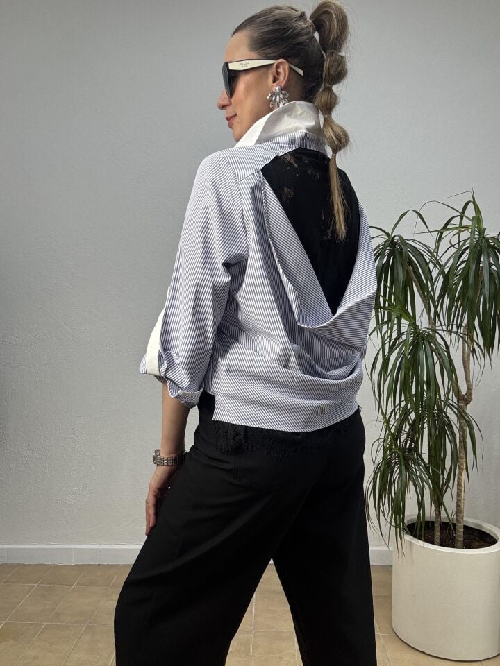 ARKASI DANTEL ÇİZGİLİ GÖMLEK 70864 Mavi - 42