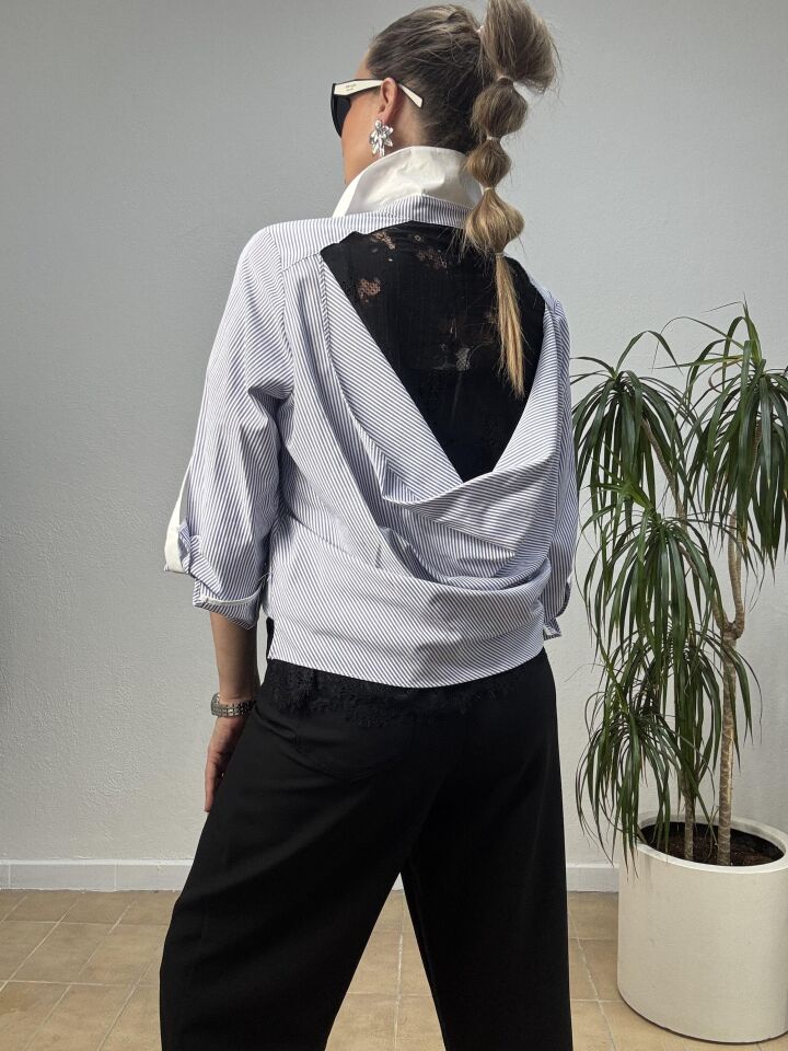 ARKASI DANTEL ÇİZGİLİ GÖMLEK 70864 Mavi - 42