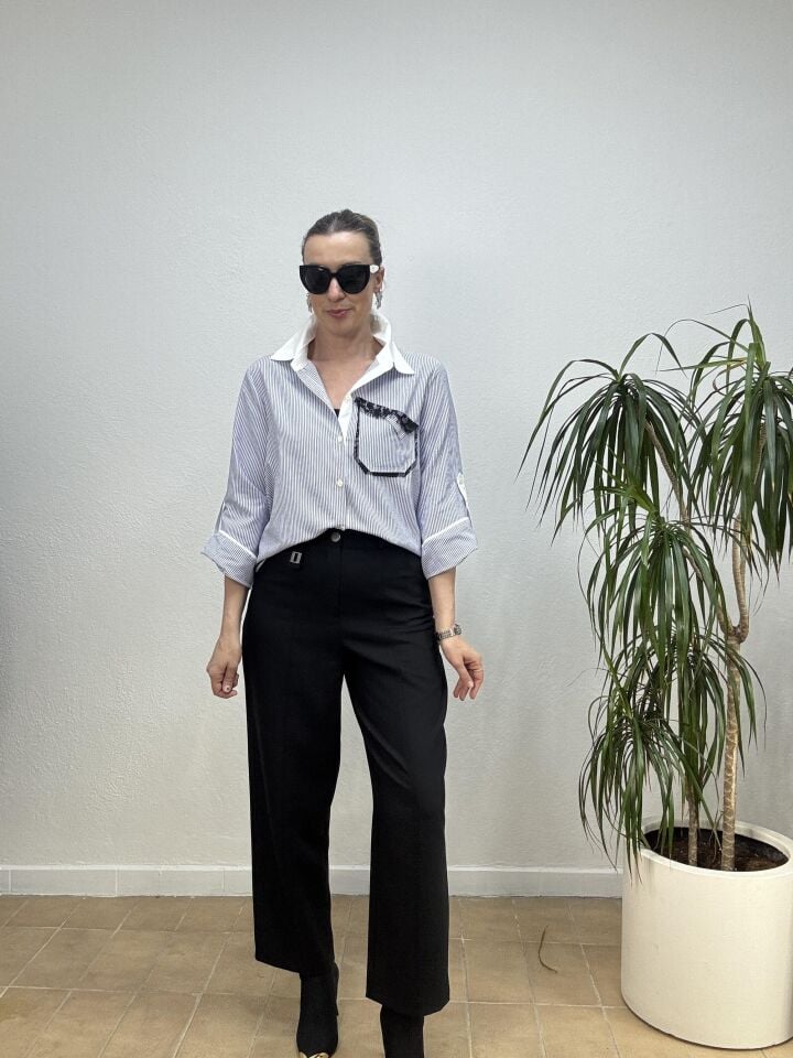 ARKASI DANTEL ÇİZGİLİ GÖMLEK 70864 Mavi - 42