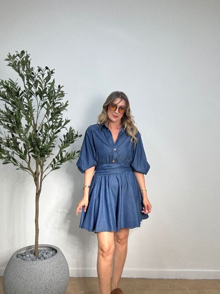 KOT YIKAMA TENSEL MİNİ ELBİSE 37413 S - Mavi