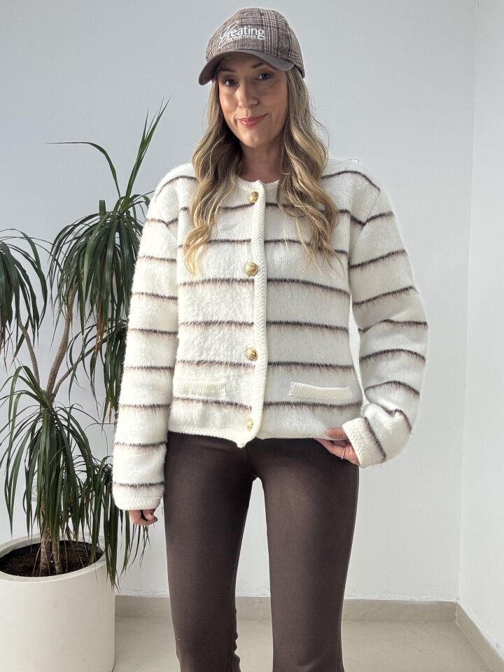 YÜN ÇİZGİLİ HIRKA  BEYAZ / M