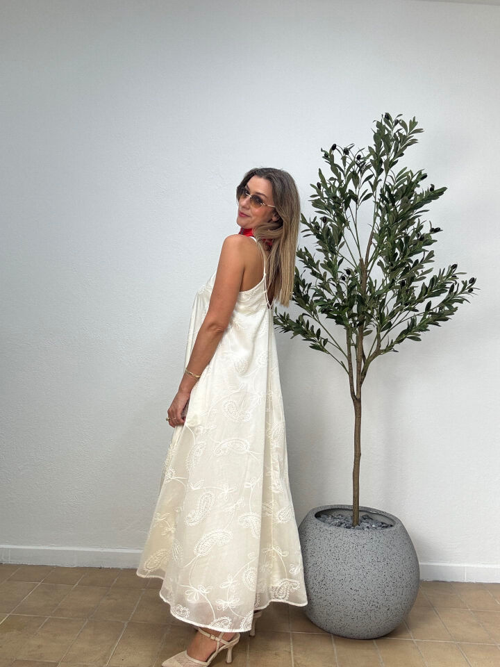 ECRU UZUN YAKA DETAYLI ELBİSEE 39817 STD - Bej