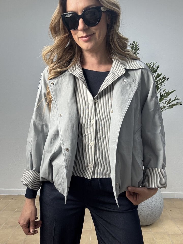 GÖMLEK DETAYLI DERİ CEKET 7150 Mavi - M