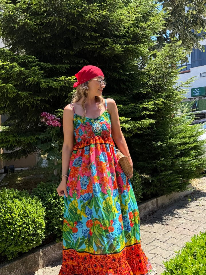 İTHAL DESENLİ PAMUKLU BONCUKLU UZUN ELBİSE 2586 STD - Kırmızı