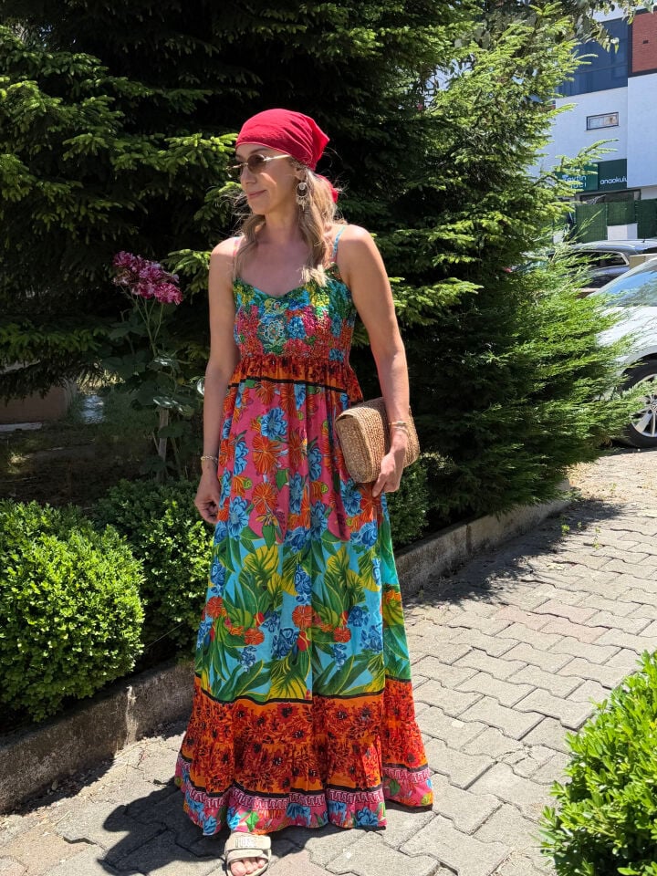 İTHAL DESENLİ PAMUKLU BONCUKLU UZUN ELBİSE 2586 STD - Kırmızı
