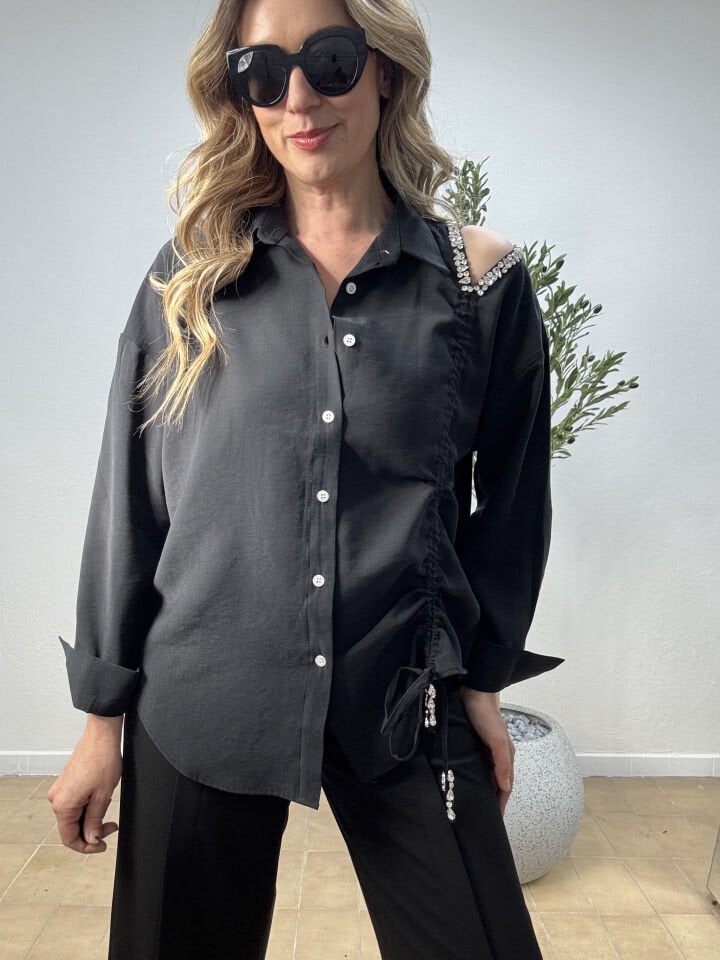 TEK OMUZU TAŞLI BLUZ SİYAH / L