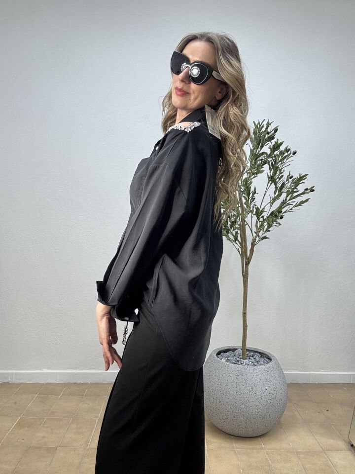 TEK OMUZU TAŞLI BLUZ SİYAH / L