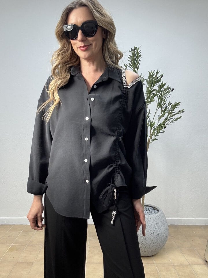 TEK OMUZU TAŞLI BLUZ SİYAH / L