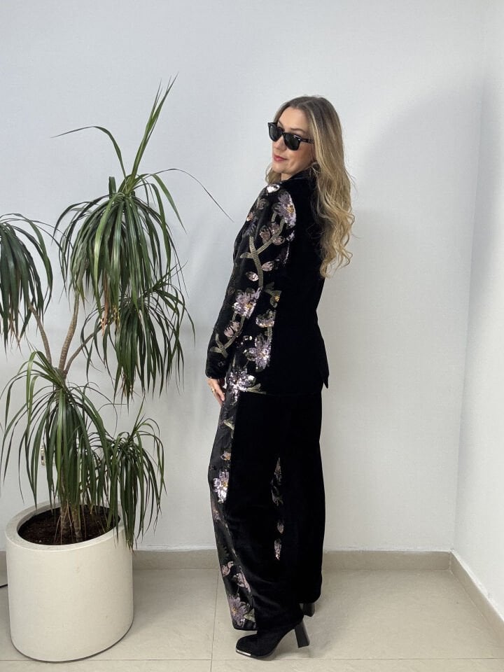 İTHAL PAYETLİ KADİFE CEKETLİ TAKIM SİYAH / S