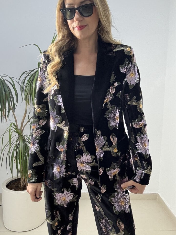 İTHAL PAYETLİ KADİFE CEKETLİ TAKIM SİYAH / S