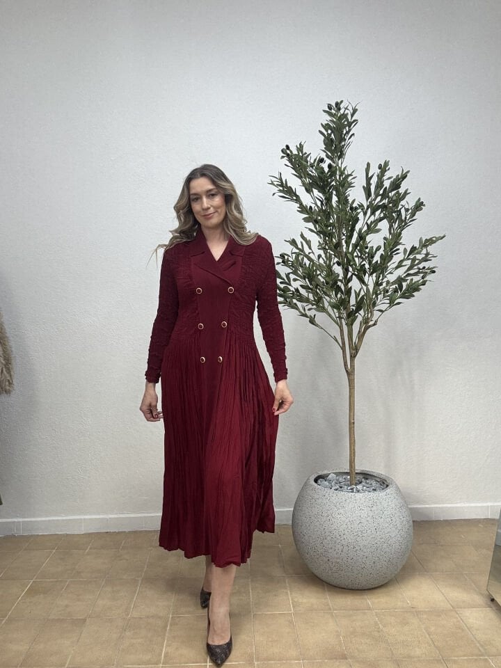 İTHAL AKORDİYON KUMAŞ DÜRÜMCÜK ELBİSE BORDO / STD