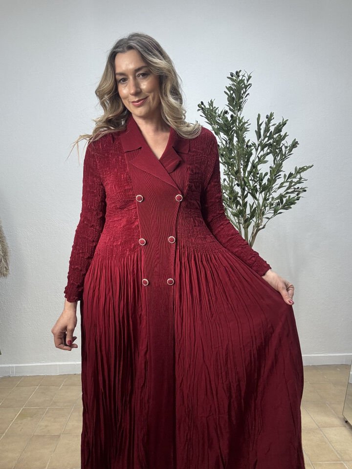 İTHAL AKORDİYON KUMAŞ DÜRÜMCÜK ELBİSE BORDO / STD