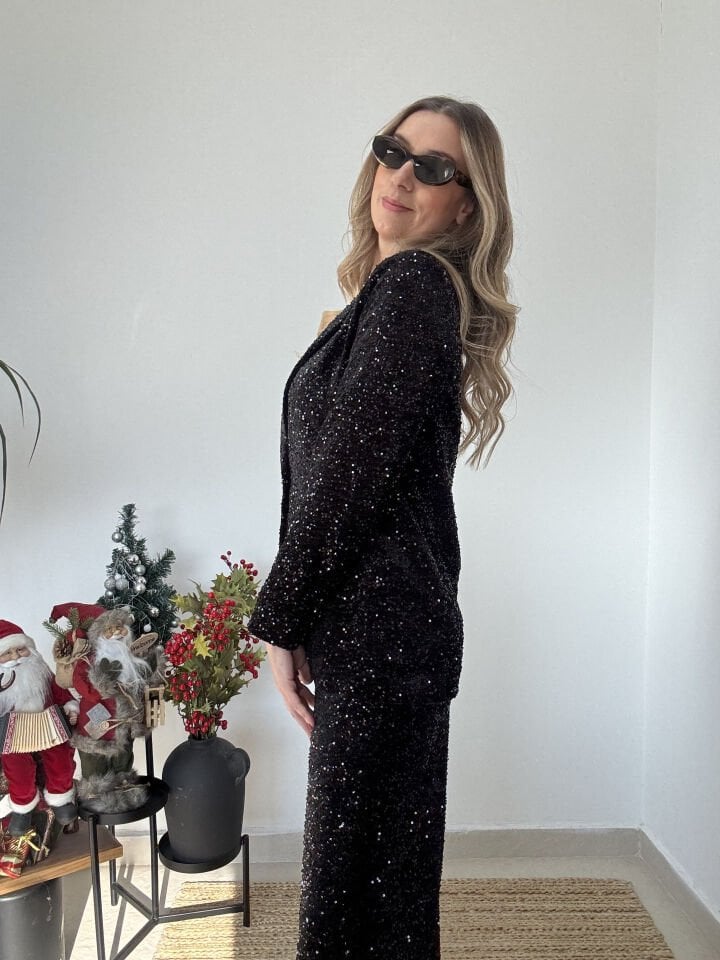 İTHAL PAYETLİ CEKETLİ TAKIM SİYAH / STD