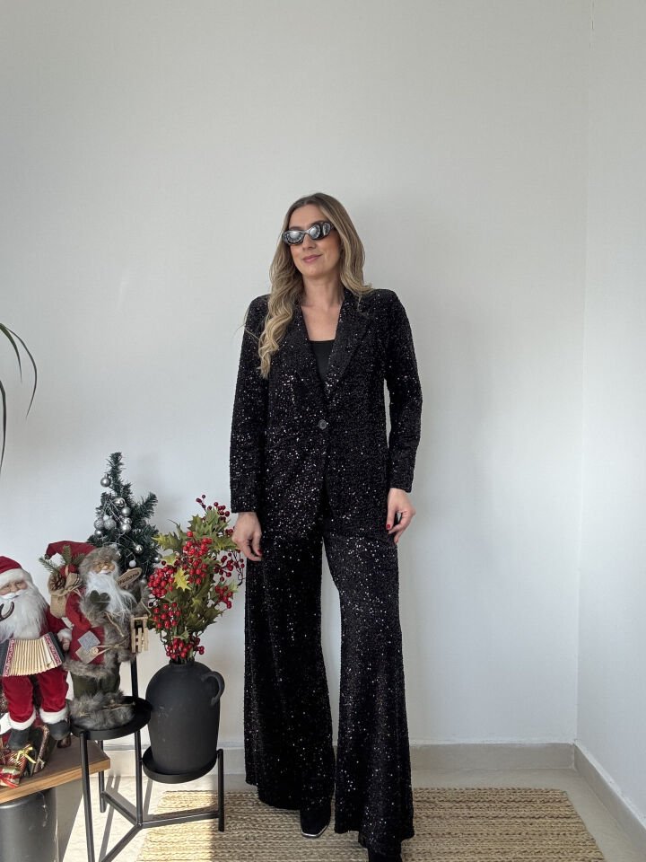 İTHAL PAYETLİ CEKETLİ TAKIM SİYAH / STD