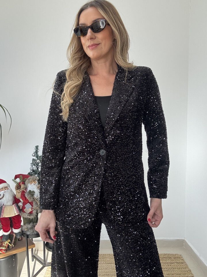 İTHAL PAYETLİ CEKETLİ TAKIM SİYAH / STD