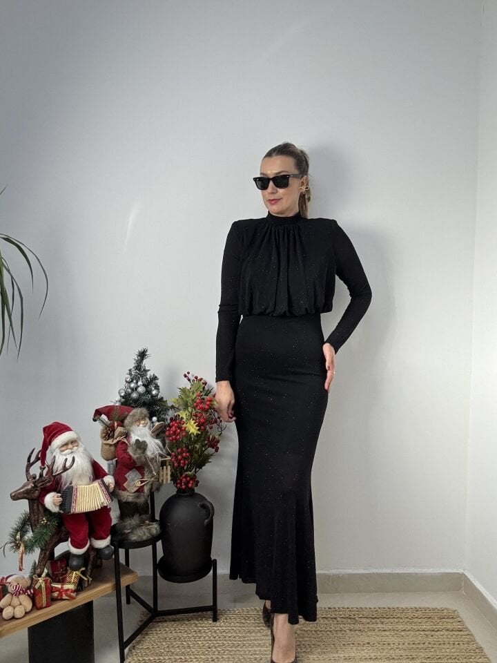 İTHAL TAŞLI UZUN ELBİSE SİYAH / L