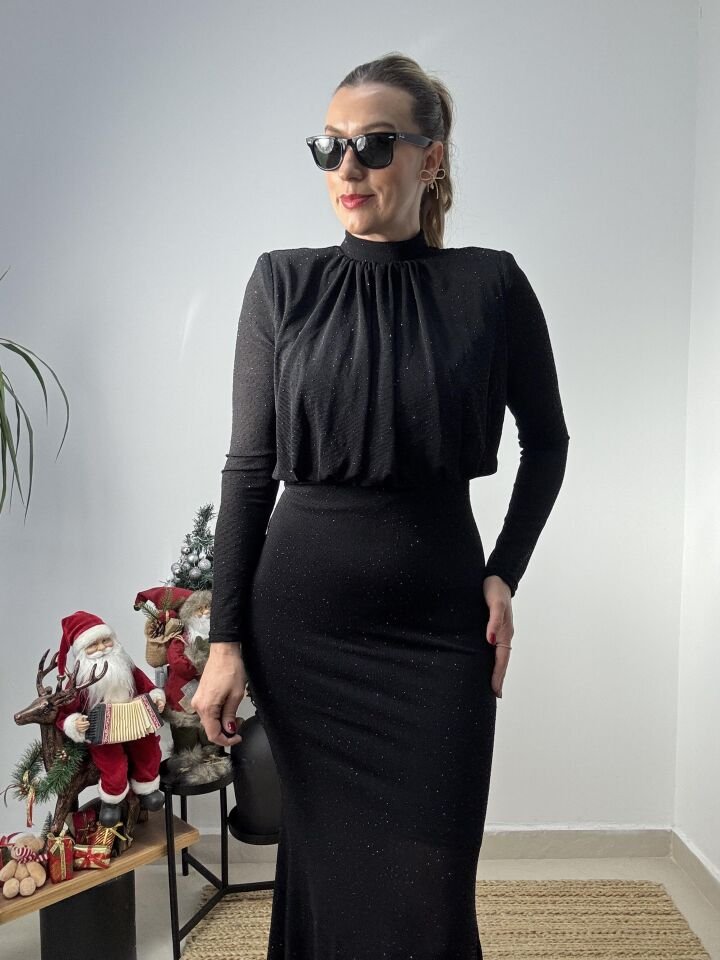 İTHAL TAŞLI UZUN ELBİSE SİYAH / L