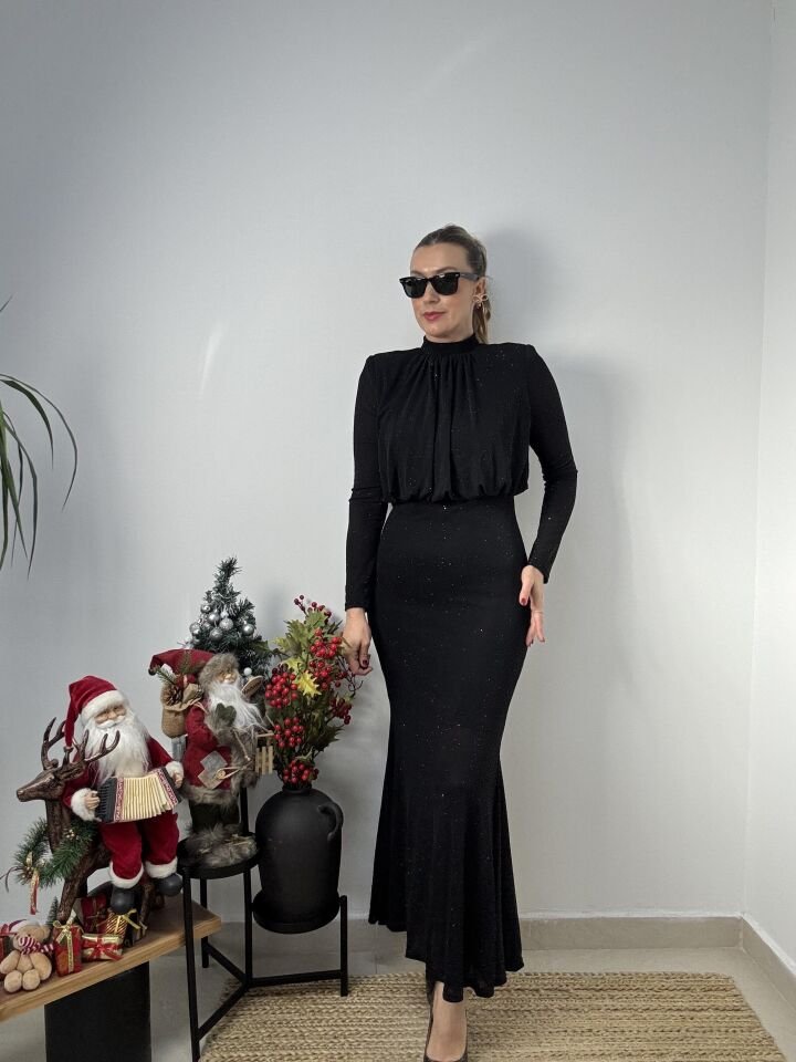 İTHAL TAŞLI UZUN ELBİSE SİYAH / S