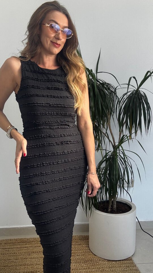 İTHAL LİKRALI DÜRÜMCÜK KOLSUZ ELBİSE SİYAH / S-M