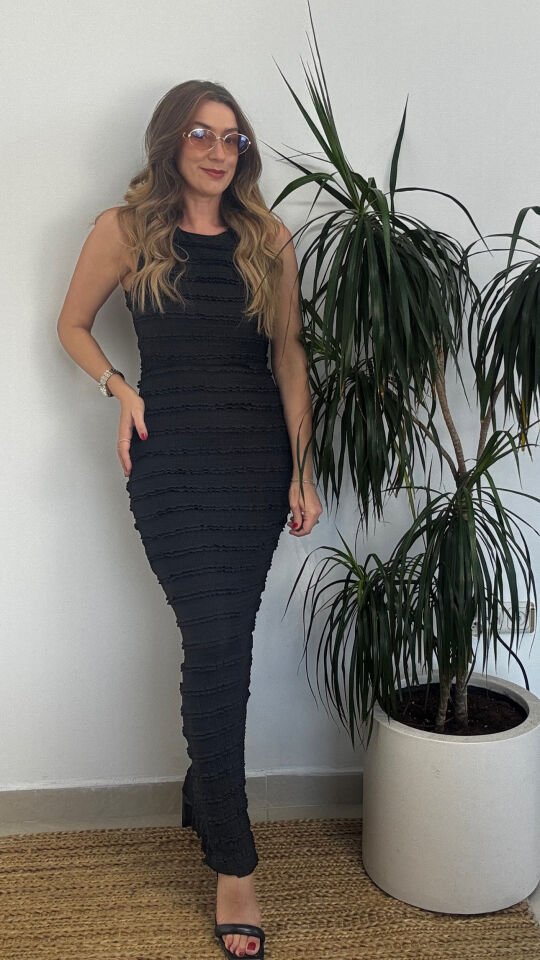 İTHAL LİKRALI DÜRÜMCÜK KOLSUZ ELBİSE SİYAH / S-M