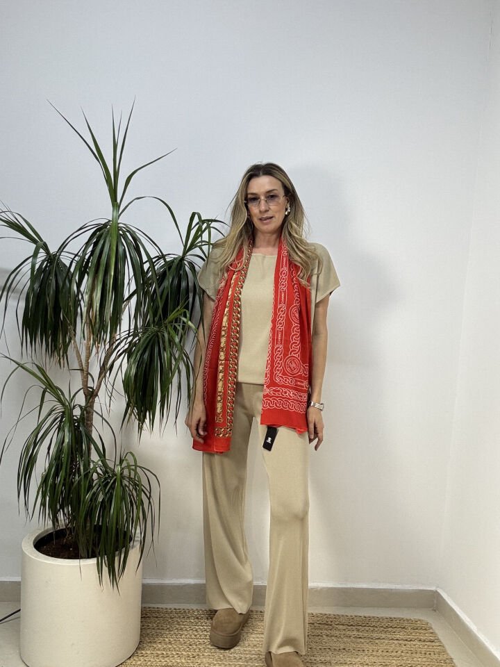 İTHAL KAYIK YAKA TRİKO PANTOLONLU TAKIM BEJ / S-M