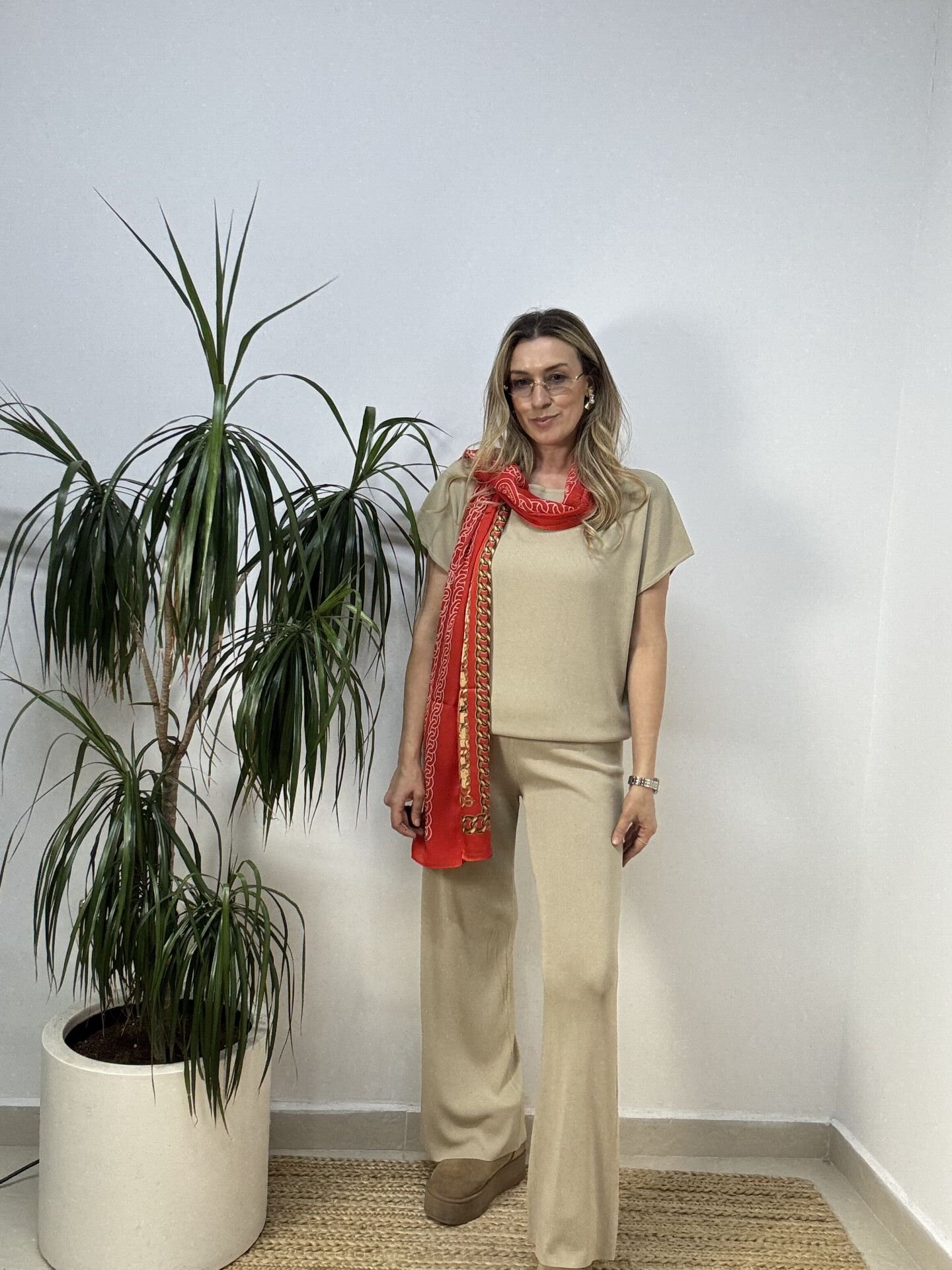 İTHAL KAYIK YAKA TRİKO PANTOLONLU TAKIM BEJ / S-M